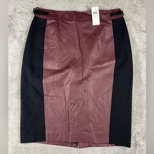 Ann Taylor Pencil Skirt Womens 6 Black Burgundy Faux Leather Panel Knee Length